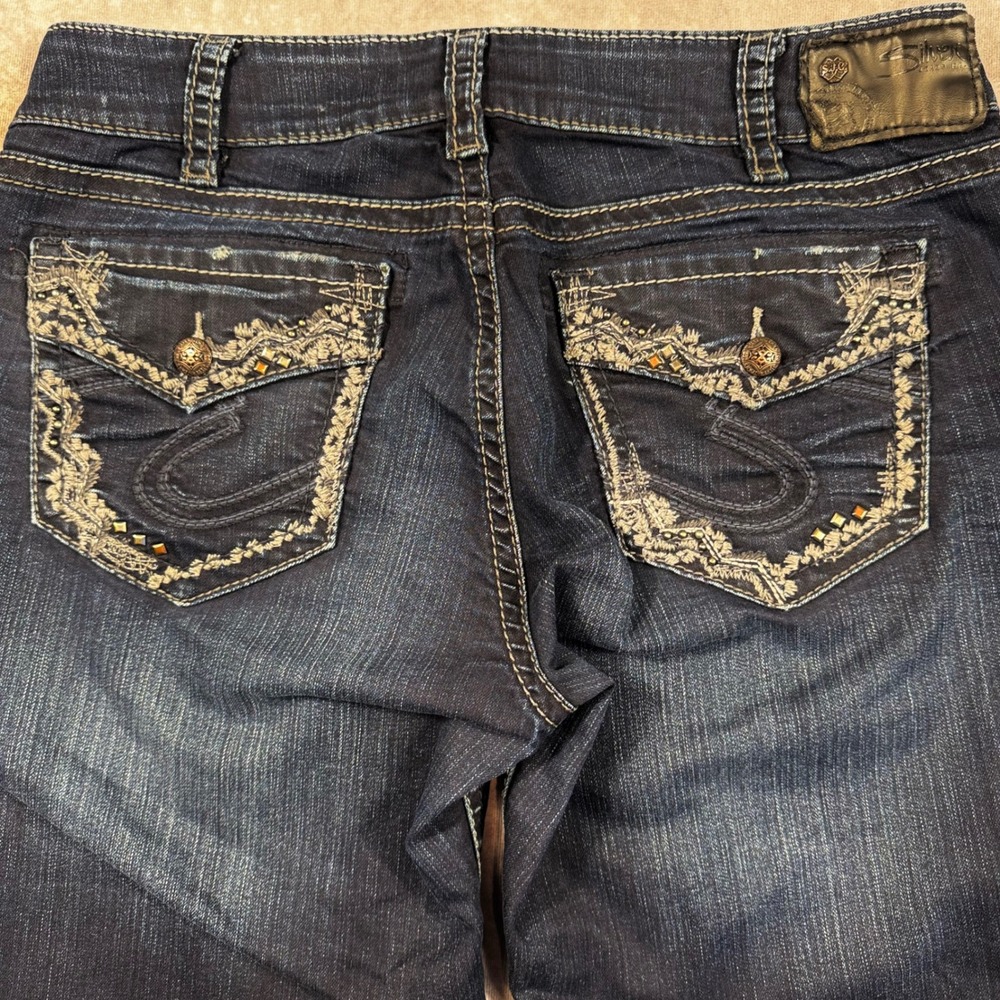 Silver Jeans Co Suki Mid Slim Bootcut Dark Wash Embroidered Studded W32 L33 - Picture 6 of 11